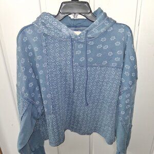 Lucky Brand Oversized Washed Blue Hoodie Floral Geometric Print Sz XL